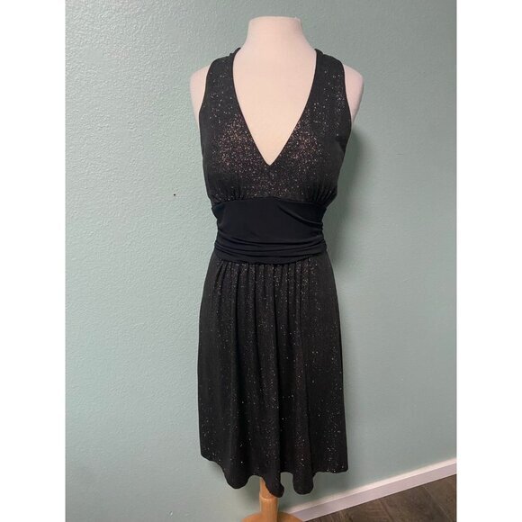 Vintage En Focus Studio Women's‎ Black and Gold Circle Pattern Halter Dress 14 - Picture 1 of 11